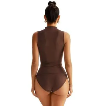 EasyGala Women Sleeveless Mock Turtle Neck Tops Double Lined Fitted Tank Tops Basic T Shirts 2025 Brown Medium