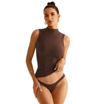 EasyGala Women Sleeveless Mock Turtle Neck Tops Double Lined Fitted Tank Tops Basic T Shirts 2025 Brown Medium