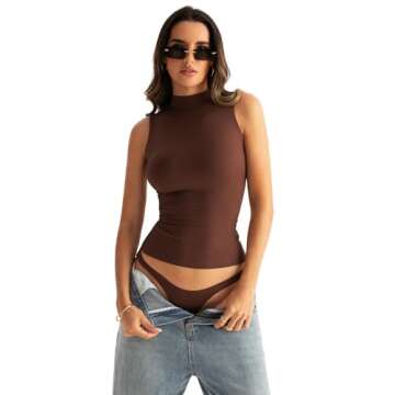 EasyGala Women Sleeveless Mock Turtle Neck Tops Double Lined Fitted Tank Tops Basic T Shirts 2025 Brown Medium