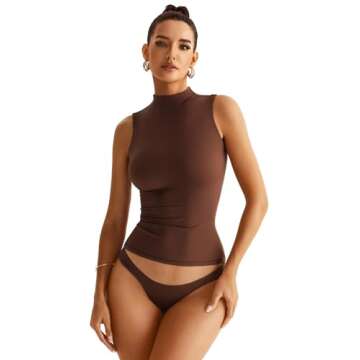 EasyGala Women Sleeveless Mock Turtle Neck Tops Double Lined Fitted Tank Tops Basic T Shirts 2025 Brown Medium