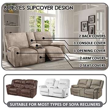 ULTICOR Reclining Love Seat with Middle Console Slipcover - 8-Piece Velvet Stretch Covers