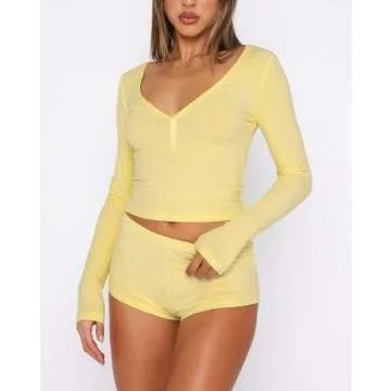 REVETRO 2024 Fall Womens 2 Piece Pajama Sets Sexy Y2k PJ Shorts Long Sleeve Lounge Set Sleepwear wit...