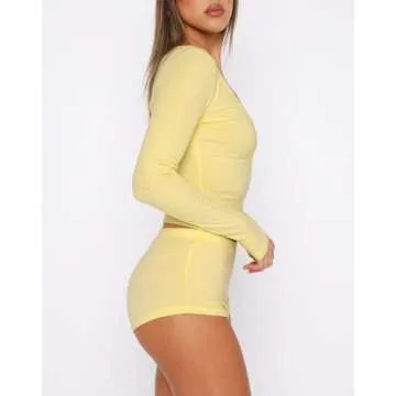 REVETRO 2024 Fall Womens 2 Piece Pajama Sets Sexy Y2k PJ Shorts Long Sleeve Lounge Set Sleepwear with Button Down Yellow S