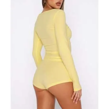 REVETRO 2024 Fall Womens 2 Piece Pajama Sets Sexy Y2k PJ Shorts Long Sleeve Lounge Set Sleepwear with Button Down Yellow S