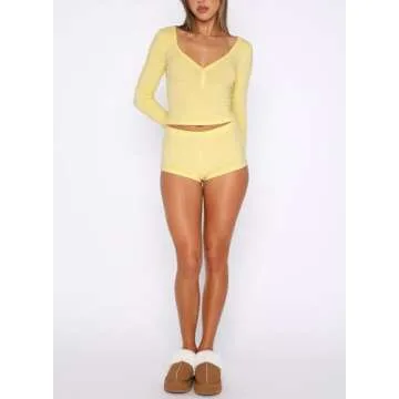 REVETRO 2024 Fall Womens 2 Piece Pajama Sets Sexy Y2k PJ Shorts Long Sleeve Lounge Set Sleepwear with Button Down Yellow S