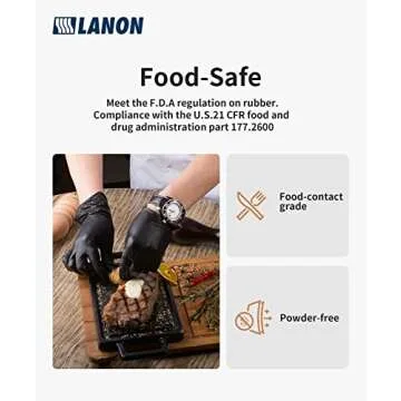 LANON 6-mil Black Nitrile Disposable Gloves, Food-Safe, Powder-Free, Heavy-Duty, Textured Fingertips, Latex-Free, Large