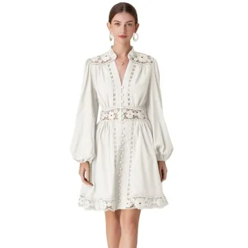 LAI MENG FIVE CATS Women's V-Neck Elegant Lace Long Sleeve Lantern Sleeve Button up Casual Mini Dres...