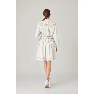 LAI MENG FIVE CATS Women's V-Neck Elegant Lace Long Sleeve Lantern Sleeve Button up Casual Mini Dress