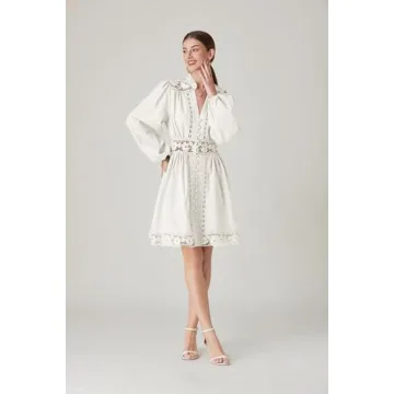 LAI MENG FIVE CATS Women's V-Neck Elegant Lace Long Sleeve Lantern Sleeve Button up Casual Mini Dress