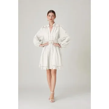 LAI MENG FIVE CATS Women's V-Neck Elegant Lace Long Sleeve Lantern Sleeve Button up Casual Mini Dress