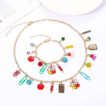 Teacher Necklace Earrings Bracelet for Women, Teacher Accessories, Cute Pencil Book Charms Bracelet ...