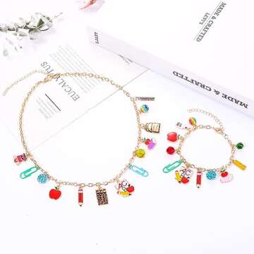 Teacher Necklace Earrings Bracelet for Women, Teacher Accessories, Cute Pencil Book Charms Bracelet Choker Necklace Earrings Teacher Appreciation Gifts Back To School Jewelry (Necklace+Bracelet)