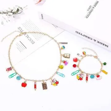 Teacher Necklace Earrings Bracelet for Women, Teacher Accessories, Cute Pencil Book Charms Bracelet Choker Necklace Earrings Teacher Appreciation Gifts Back To School Jewelry (Necklace+Bracelet)