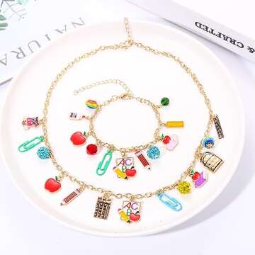 Teacher Necklace Earrings Bracelet for Women, Teacher Accessories, Cute Pencil Book Charms Bracelet Choker Necklace Earrings Teacher Appreciation Gifts Back To School Jewelry (Necklace+Bracelet)