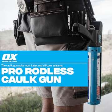 OX Tools Rodless Caulk Gun - 7:1 Thrust Ratio, Foldable Belt Clip, Patented Design for Tight Spaces