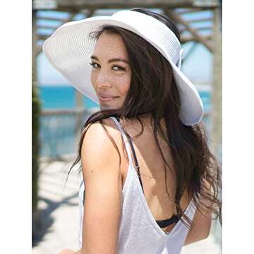 Simplicity Women's Wide Brim Straw Sun Visor Hat Roll Up Straw White Sun Hat for Women