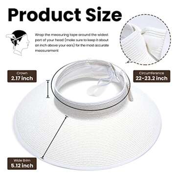 Simplicity Women's Wide Brim Straw Sun Visor Hat Roll Up Straw White Sun Hat for Women