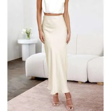 Outoshe Women's Satin High Waisted Maxi Skirts Hidden Elasticized Waistband A Line Long Skirt Beige