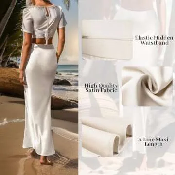 Outoshe Women's Satin High Waisted Maxi Skirts Hidden Elasticized Waistband A Line Long Skirt Beige
