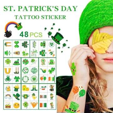 48pcs St Patricks Day Glitter Styles Temporary Tattoos,Clover Gold Coin Luck Hat Expression Tattoos Sticker St Patrick's Day Kiss Me I'm Irish Party | Holiday Party Accessories Arts and Crafts,8 sheet