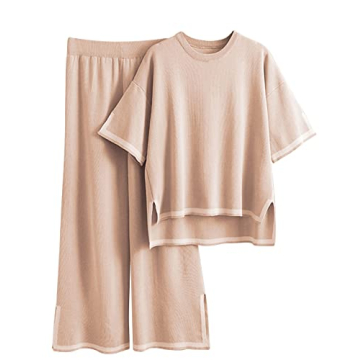 Tanming Sweater Sets Women 2 Piece Lounge Sets Short Sleeve Knit Pullover Tops Wide Leg Pants (Khaki-S)