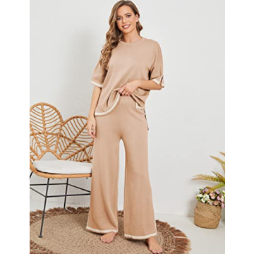 Tanming Sweater Sets Women 2 Piece Lounge Sets Short Sleeve Knit Pullover Tops Wide Leg Pants (Khaki-S)