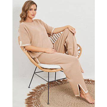 Tanming Sweater Sets Women 2 Piece Lounge Sets Short Sleeve Knit Pullover Tops Wide Leg Pants (Khaki-S)