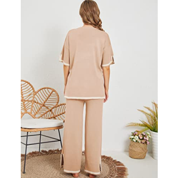 Tanming Sweater Sets Women 2 Piece Lounge Sets Short Sleeve Knit Pullover Tops Wide Leg Pants (Khaki-S)