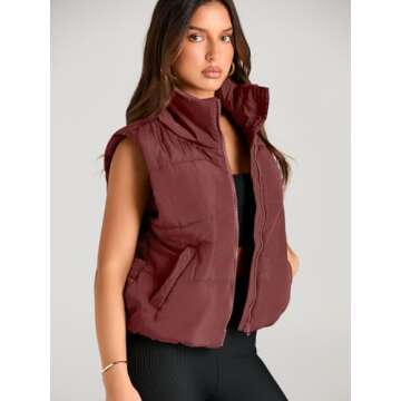 AUTOMET Puffer Vest Women Sleeveless Winter Cropped Outerwear Warm Puffer Lightweight Stand-up Collar Down with Pockets Wine Red L