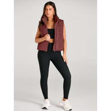 AUTOMET Puffer Vest Women Sleeveless Winter Cropped Outerwear Warm Puffer Lightweight Stand-up Collar Down with Pockets Wine Red L