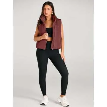 AUTOMET Puffer Vest Women Sleeveless Winter Cropped Outerwear Warm Puffer Lightweight Stand-up Collar Down with Pockets Wine Red L