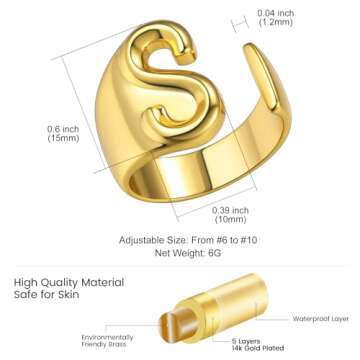 S Initial Rings for Women, GoldChic Jewelry Gold Bold Letter Ring With Alphabet S, Adjustable 14k Gold Plated Rings for Hip Hop Dancer