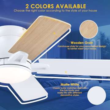 CHESUR White Flush Mount Ceiling Fans - 48" Modern Low Profile Ceiling Fan Light with Remote/APP, Ti...