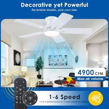 CHESUR White Flush Mount Ceiling Fans - 48" Modern Low Profile Ceiling Fan Light with Remote/APP, Timer Setting, 3CCT, Outdoor Ceiling Fan Light Fixture for Bedroom, Patios, Reversible and 5 Blades