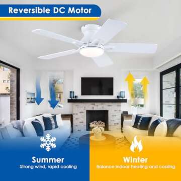 CHESUR White Flush Mount Ceiling Fans - 48" Modern Low Profile Ceiling Fan Light with Remote/APP, Timer Setting, 3CCT, Outdoor Ceiling Fan Light Fixture for Bedroom, Patios, Reversible and 5 Blades