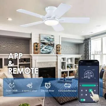 CHESUR White Flush Mount Ceiling Fans - 48" Modern Low Profile Ceiling Fan Light with Remote/APP, Timer Setting, 3CCT, Outdoor Ceiling Fan Light Fixture for Bedroom, Patios, Reversible and 5 Blades