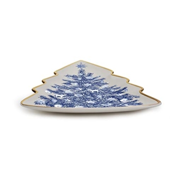 Two's Company Blue and White Christmas Tree Shaped Dish - Decorative Ceramic Serving Platter, Holiday Cookie Plate for Santa, Party Tableware