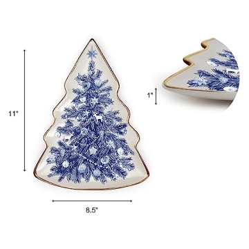 Two's Company Blue and White Christmas Tree Shaped Dish - Decorative Ceramic Serving Platter, Holiday Cookie Plate for Santa, Party Tableware
