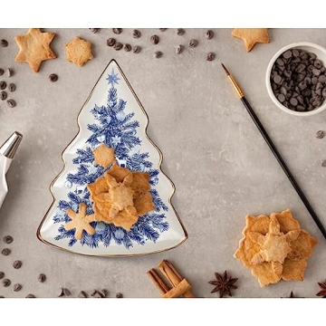 Two's Company Blue and White Christmas Tree Shaped Dish - Decorative Ceramic Serving Platter, Holiday Cookie Plate for Santa, Party Tableware
