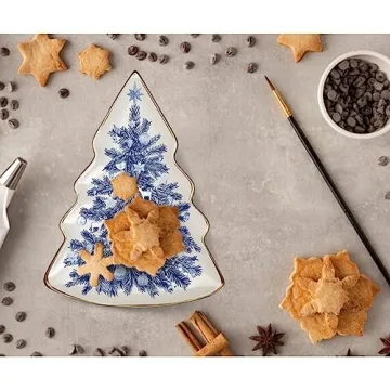 Two's Company Blue and White Christmas Tree Shaped Dish - Decorative Ceramic Serving Platter, Holiday Cookie Plate for Santa, Party Tableware