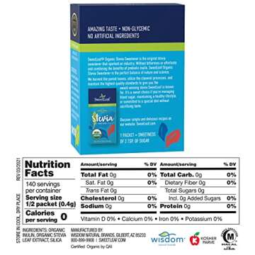 SweetLeaf Organic Stevia Packets - Zero Calorie Stevia Powder, No Bitter Aftertaste, Sugar Substitut...