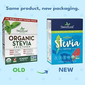 SweetLeaf Organic Stevia Packets - Zero Calorie Stevia Powder, No Bitter Aftertaste, Sugar Substitute for Keto Coffee, Nothing Artificial, Non-GMO Stevia Sweetener Packets, 70 Count