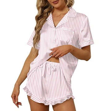 SAPJON Satin Silk Pajamas for Women 2Pcs Ruffle Notch Collar Sleepwear Button Down Short Sleeve Shor...