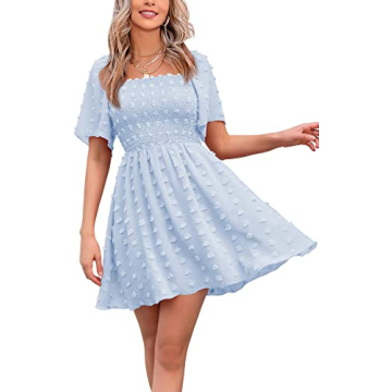 EXLURA Women's Summer Flowy Mini Sundress Square Neck High Waist Swiss Dot Smocked Ruffle Short Flut...