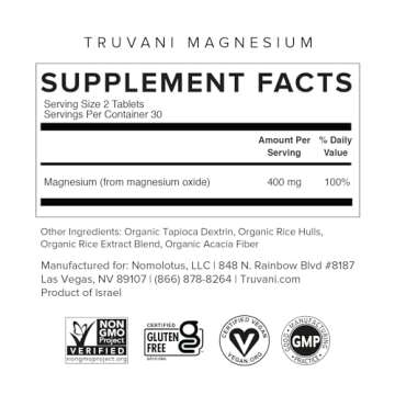 Truvani Magnesium 400mg Oxide Tablets | 60 Tablets | Supports Calm and Sleep, Healthy Bones, Muscle ...