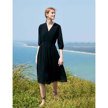 GOELIA Women's Summer Dress 3/4 Sleeve Casual Boho V-Neck Pleated Lace Up Wrap Flowy Midi Dress Wedding Guest Dresses Black