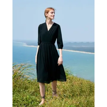 GOELIA Women's Summer Dress 3/4 Sleeve Casual Boho V-Neck Pleated Lace Up Wrap Flowy Midi Dress Wedding Guest Dresses Black