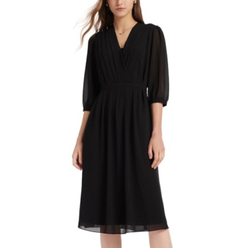 GOELIA Women's Summer Dress 3/4 Sleeve Casual Boho V-Neck Pleated Lace Up Wrap Flowy Midi Dress Wedding Guest Dresses Black