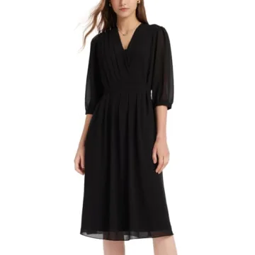 GOELIA Women's Summer Dress 3/4 Sleeve Casual Boho V-Neck Pleated Lace Up Wrap Flowy Midi Dress Wedding Guest Dresses Black