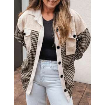 SHEWIN Shackets for Women 2024 Casual Button Down Long Sleeve Tops Oversized Womens Shacket Loose Fit Plaid Jackets Fall Clothes Beige Small
